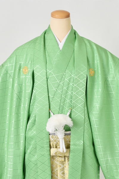 紋付袴[黄緑紋付・袴花菱]