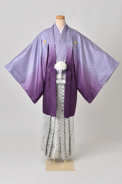 紋付袴[紫ぼかし紋付・袴亀甲花菱］