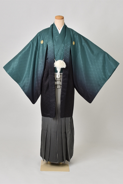 紋付袴[緑・黒紋付・袴縞］