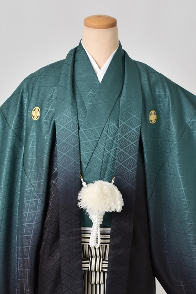 紋付袴[緑・黒紋付・袴縞］