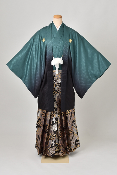 紋付袴[緑・黒紋付・袴龍］