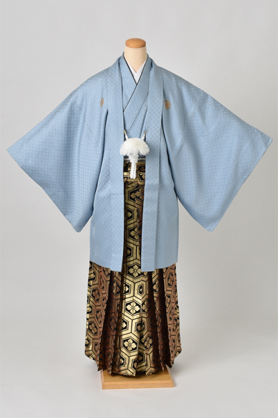 紋付袴[水色紋付・袴亀甲花菱］