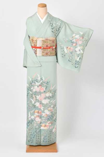 単衣訪問着[淡いグリーン地にオシドリ]