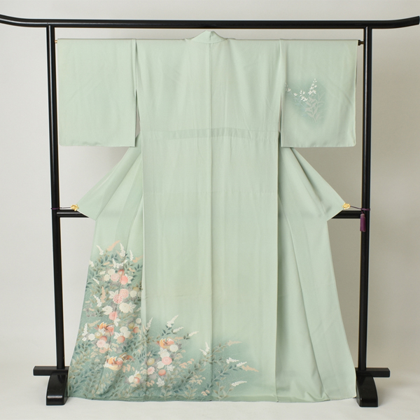 単衣訪問着[淡いグリーン地にオシドリ]