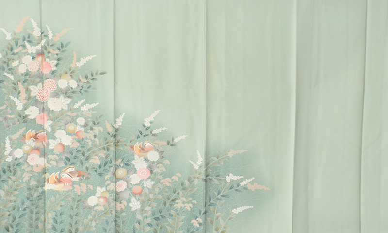 単衣訪問着[淡いグリーン地にオシドリ]