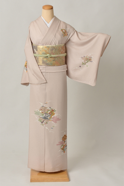 単衣訪問着[とき色・イチョウ型の中に花々]