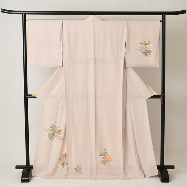 単衣訪問着[とき色・イチョウ型の中に花々]