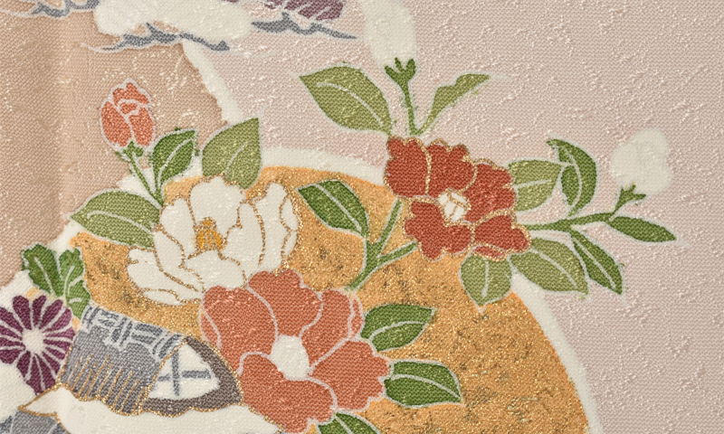 単衣訪問着[とき色・イチョウ型の中に花々]