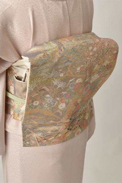 単衣訪問着[とき色・イチョウ型の中に花々]