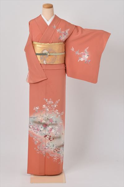 単衣訪問着[鮮やかなオレンジ地・花木]