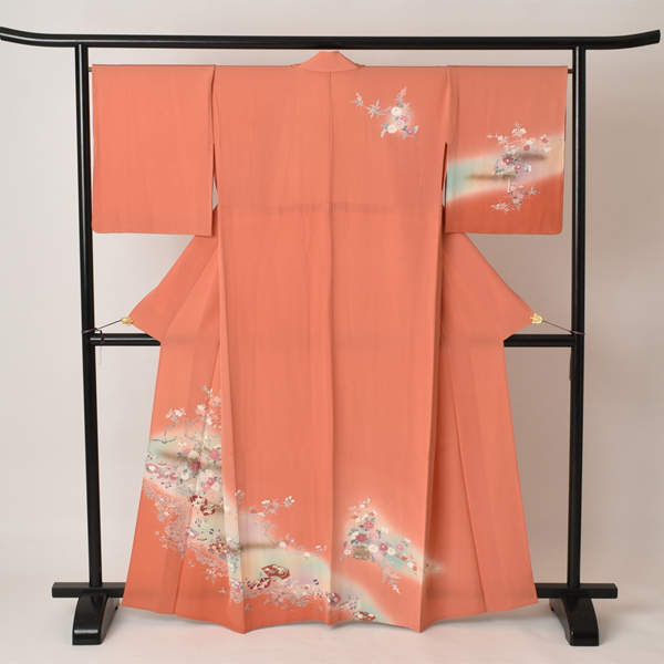 単衣訪問着[鮮やかなオレンジ地・花木]