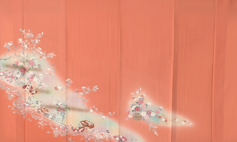 単衣訪問着[鮮やかなオレンジ地・花木]