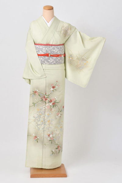 単衣訪問着[淡いグリーン地・花]