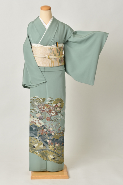 単衣色留袖[千草色地・桧扇、鶴]