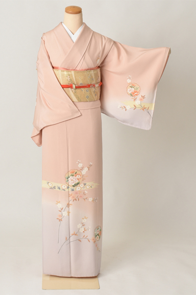 単衣訪問着[ピンクと藤色地に雪輪、小花]