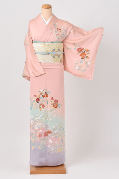 単衣訪問着［ピンク地に草花］