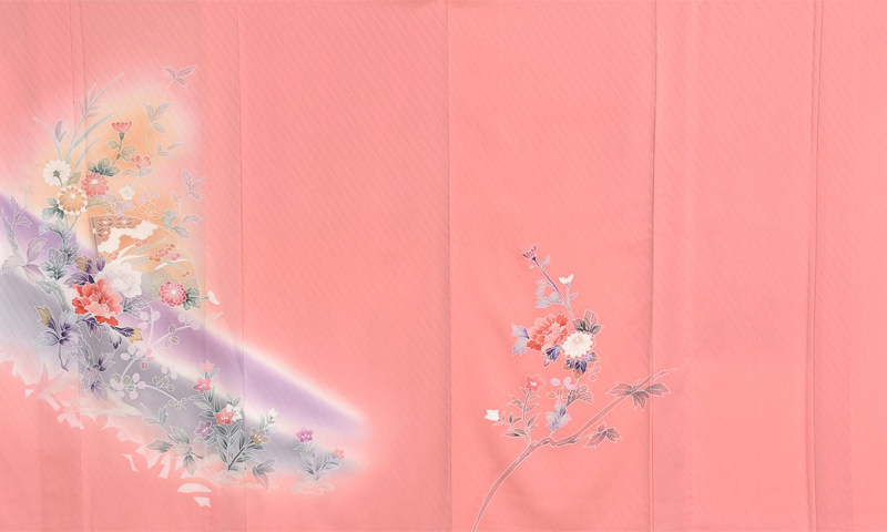 単衣訪問着［サーモンピンク地に花々］