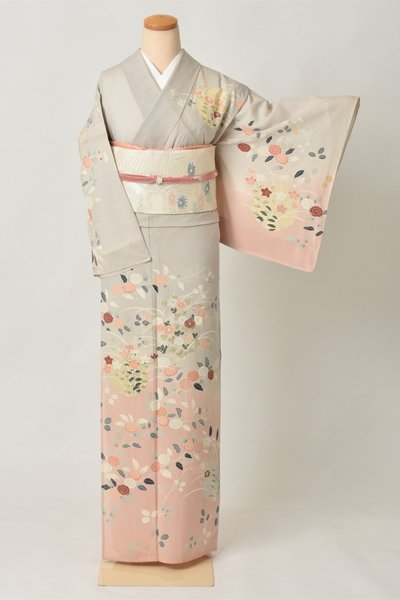 夏物_訪問着(グレーにピンクボカシ地・秋の草花)