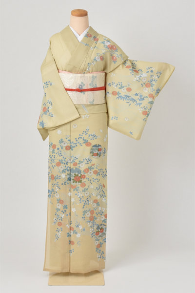 絽訪問着[黄緑みに雪輪]