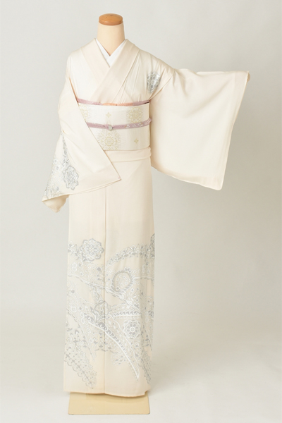 絽訪問着[白地・幾何学・華紋]