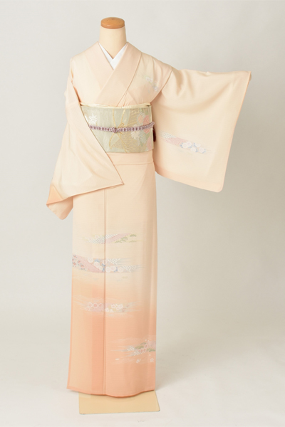 絽訪問着[オレンジと花・文様]