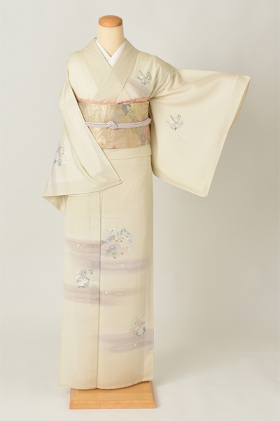 絽訪問着[クリーム・花輪]