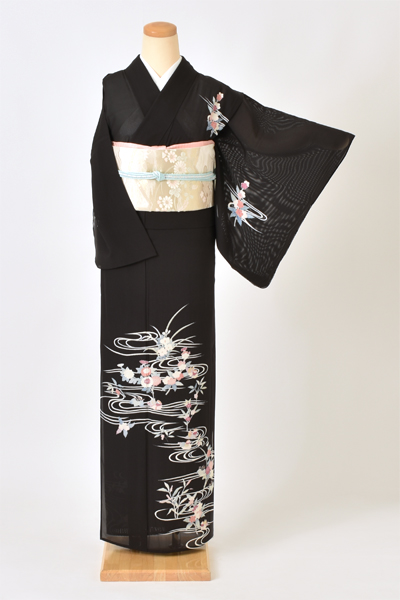絽訪問着[黒・流水に鴛鴦]