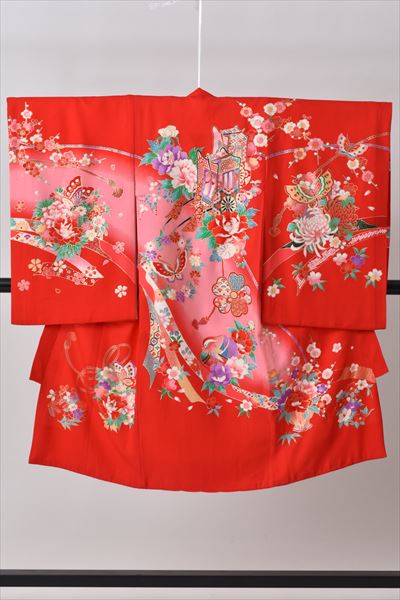 お宮参り(朱色地・牛車、蝶々・正絹)