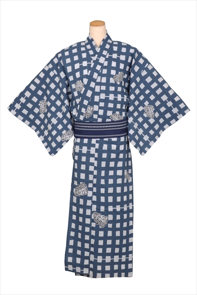 浴衣[167-175cm・白地・紺の格子、張り子の虎]