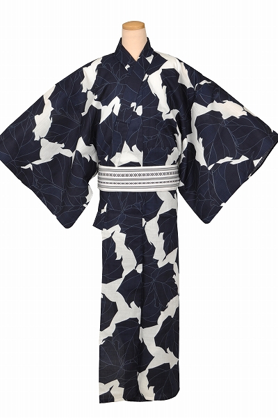 浴衣[169-177cm・白地・葉]