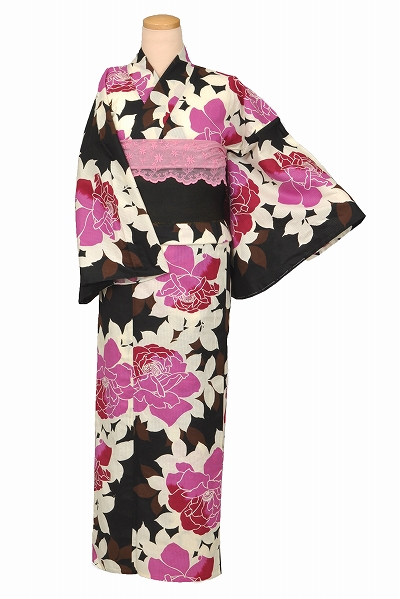浴衣[黒地・バラの花]