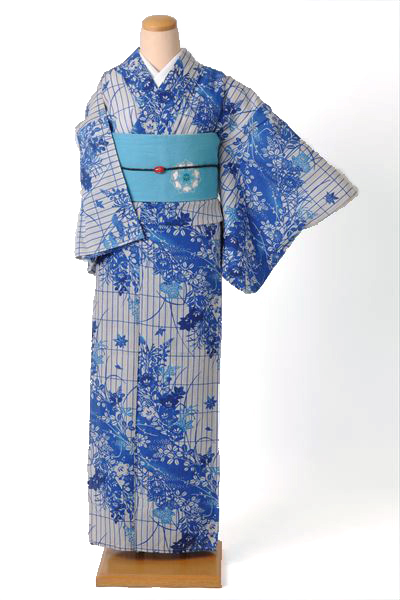 浴衣[白地・藍色で秋草花]