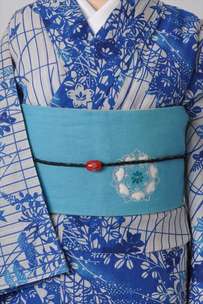 浴衣[白地・藍色で秋草花]