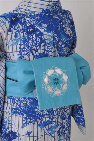 浴衣[白地・藍色で秋草花]