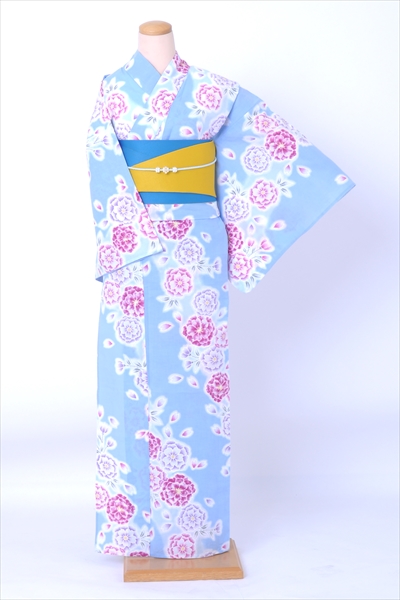 浴衣[水色・花々]