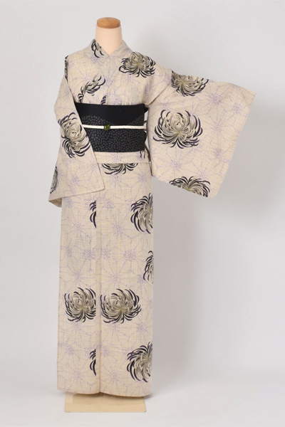 浴衣[麻の葉と糸菊・S-Mサイズ身幅広め]