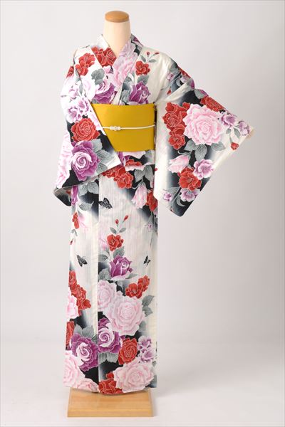 浴衣[白地・大輪の薔薇]