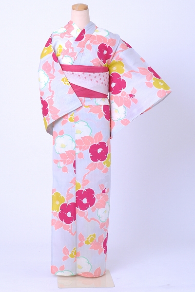 浴衣[淡グレー・椿]