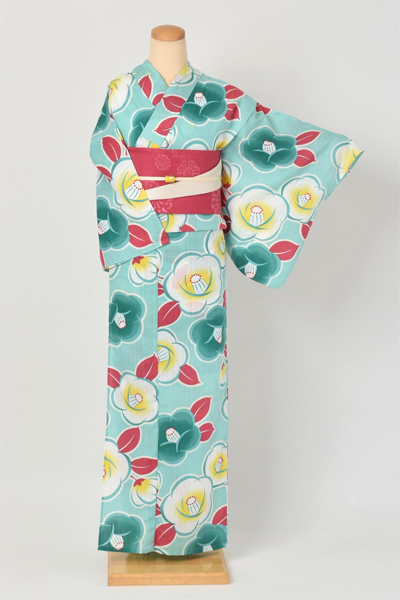 浴衣[ミントグリーンに椿]