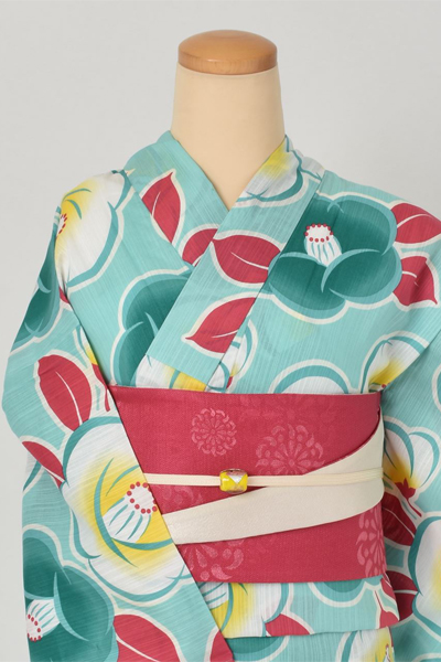 浴衣[ミントグリーンに椿]