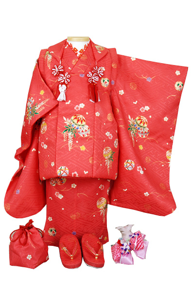 三歳被布セット 朱色(藤の花と手まり)