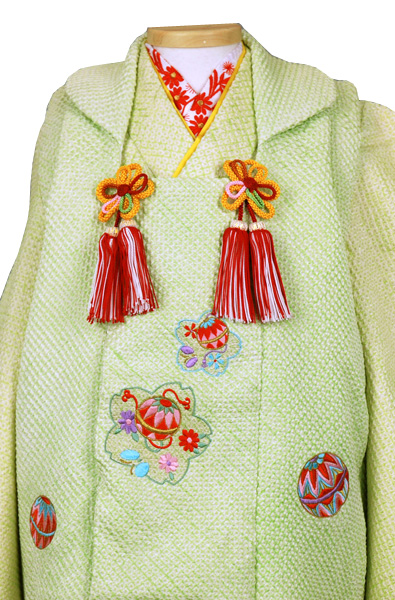 三歳被布セット 正絹若草匹田絞り(手まりと花の刺繍)