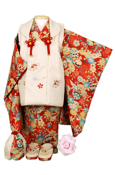 三歳被布セット 着物(花と手まり)被布(花と糸巻き)