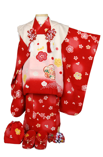 三歳被布セット 被布(白ピンクぼかし・花模様)着物(赤・小花)