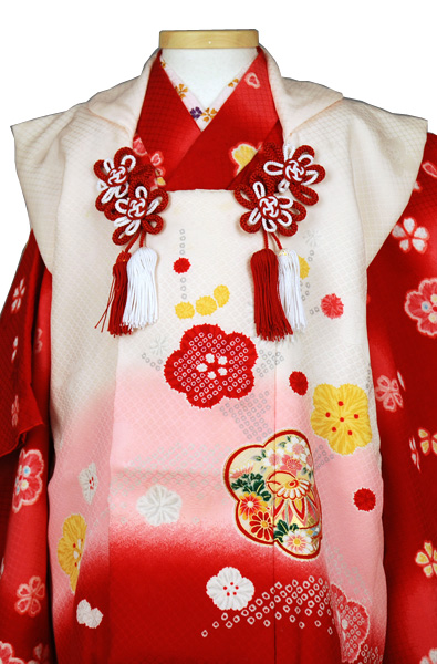 三歳被布セット 被布(白ピンクぼかし・花模様)着物(赤・小花)