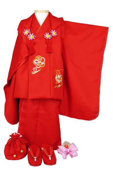 三歳被布セット 被布(赤・手まり)着物(赤・無地)