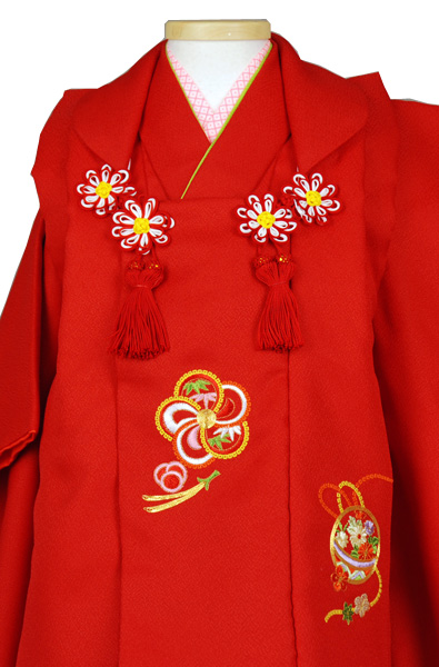 三歳被布セット 被布(赤・手まり)着物(赤・無地)