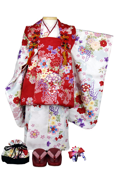 三歳被布セット 被布(赤・花)着物(白・花)