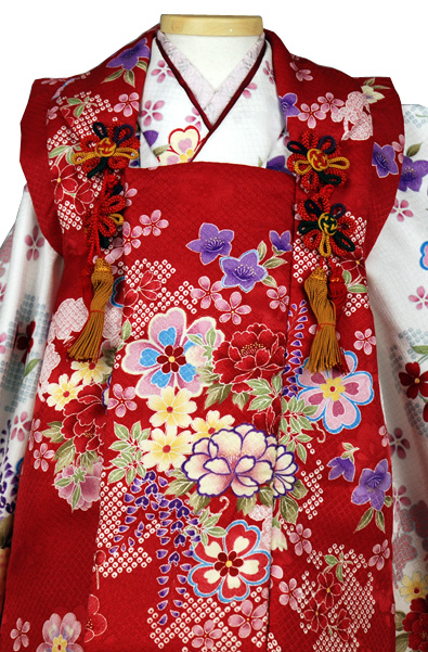 三歳被布セット 被布(赤・花)着物(白・花)