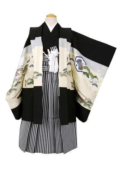 五歳祝い着セット 黒地(かぶと)袴は仙台平
